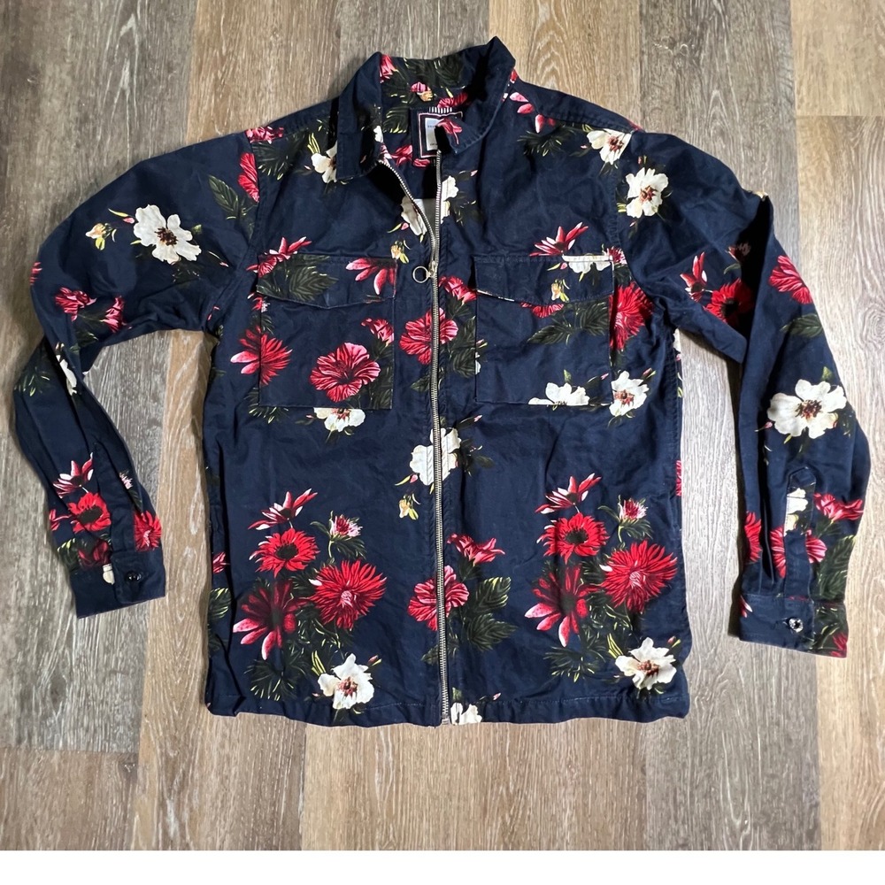 Denim & Flower Jacket Womens Medium Navy Blue Floral Zip Up Utility Chore 428‎